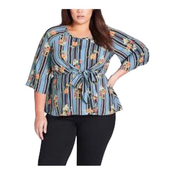 City Chic Tops - City Chic Floral Striped Tie Front Blouse Womens Size 22